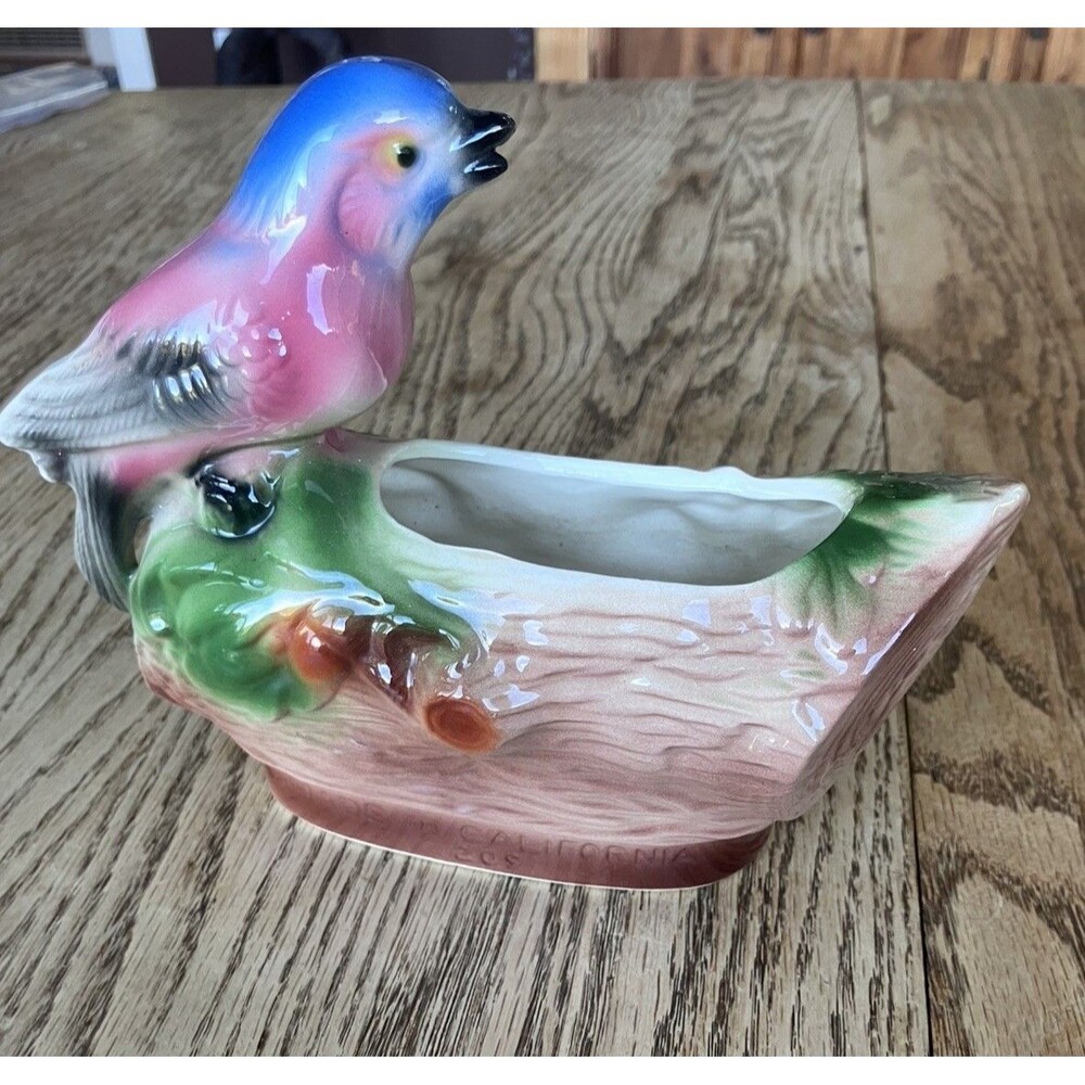 Vintage 1950’s MCM California Pottery Blue Bird on Log Ceramic Planter #209